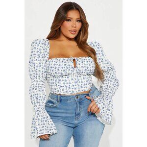 Fashion Nova Ivy Floral Corset Top Plus Size 2X Long Sleeve White Blue Boho NEW